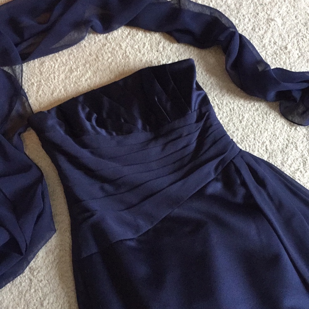 David’s Bridal navy blue brides maids dress.